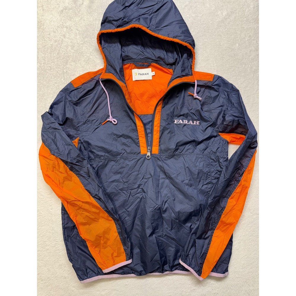 Farah Mens Navy Blue Orange Quarter Zip Hooded Windbreaker Jacket Size M